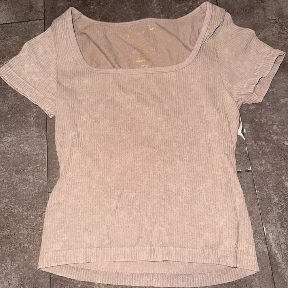 Casual Ribbed Short Sleeve Top in Beige